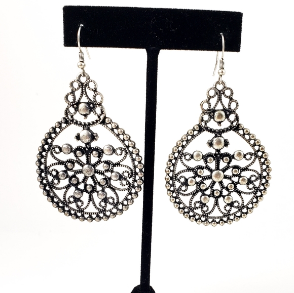 Vintage Jewelry - Boho Statement Earrings Ornate Antique Silver
